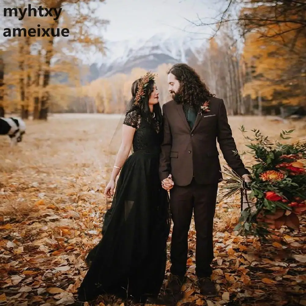 

Cheap Lace Black Wedding Dress 2020 Short Sleeves A-line Vintage Special Dress Hot Sale Fast Shipping Vestido De Noiva Bridal