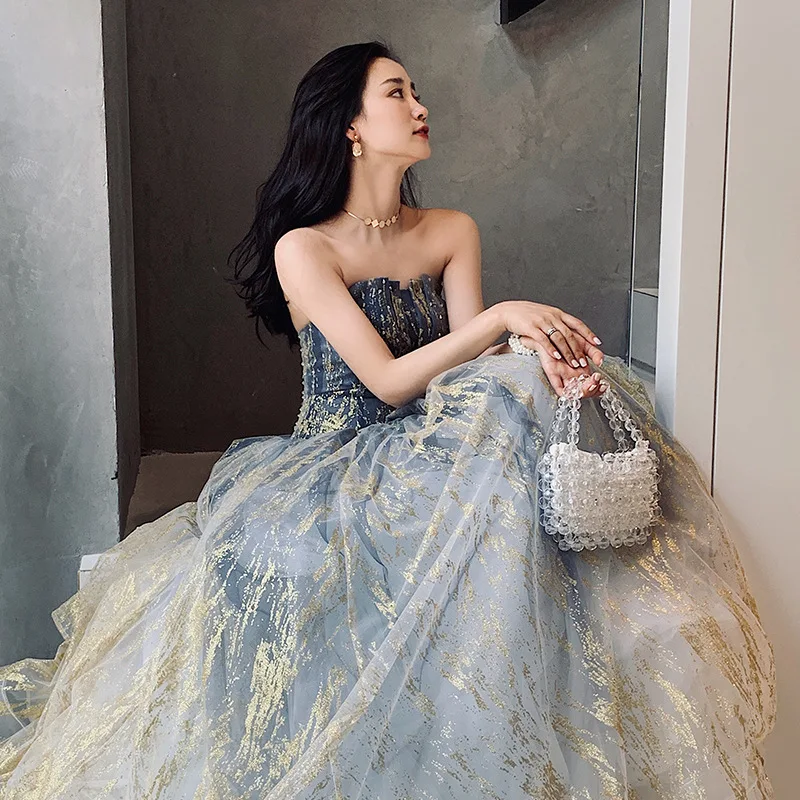 Luxury Tulle Princess Evening Dress Strapless Lace Up Back Floor Length Sexy Prom Party 2021 High Quality Women Dresses | Свадьбы и