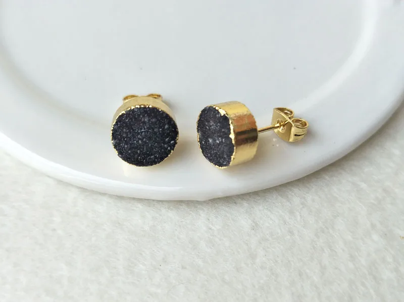 

Wholesale 5 pairs 10mm Black Round Drusy Gold color Natural crystal Titanium Druzy Stud Earrings Gem stone druse Earring ER82