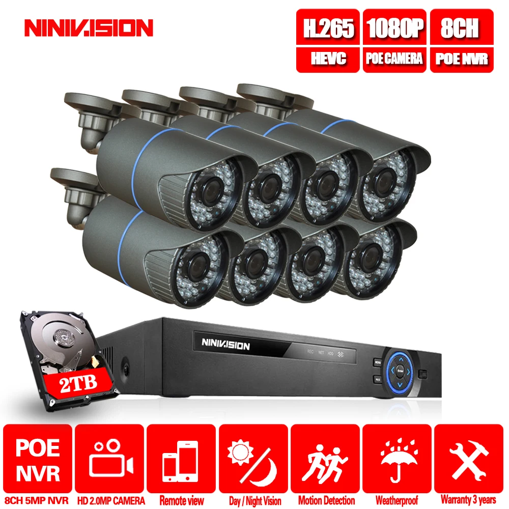 Система видеонаблюдения 8 каналов 4 МП 5 PoE NVR металлическая наружная IP камера 2 Мп