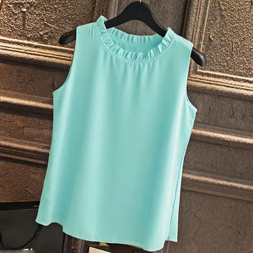 Light green GAREMAY рубашка женские летние шифоновые топы белые блузки без рукавов для женщин Одежда с рюшами элегантные винтажные женские рубашки T098 - Цвет: Light green