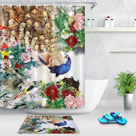 curtain and mat LB красочный Цветущий пион Элегантный Павлин занавеска для душа s Водонепроницаемая занавеска для ванной полиэстер ткань для ванной домашний декор - Цвет: curtain and mat