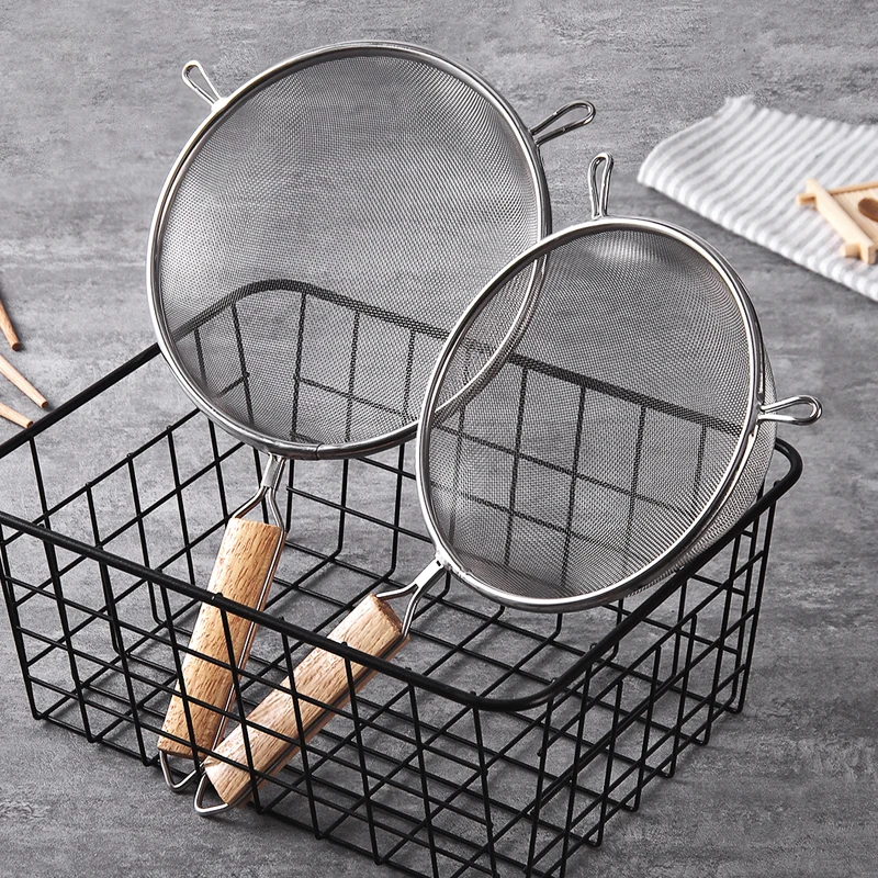 Stainless steel flour sifter Sieve Colanders S/M/L/XL Size Fine Mesh Wire oil strainer pot Frying Basket for baking Cooking Tool