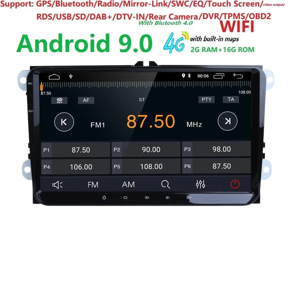 9 дюймов 2din 2 GRAM 16 GRAM android9.0 автомобильный стерео NODVD gps плеер для V W passat golf 4 5 Tiguan Polo S koda fabia 4G wifi SWC DAB