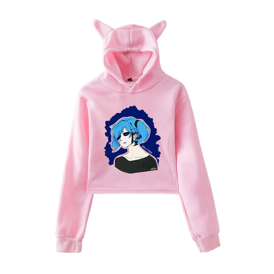 sally pink hoodie Новинка, милая Женская толстовка с капюшоном Sally face для девочек, кроп-топы с кошачьими ушами и принтом в виде глаз sally, укороченная толстовка с капюшоном в виде кошки, пуловер XXS-XXL - Цвет: sally pink hoodie