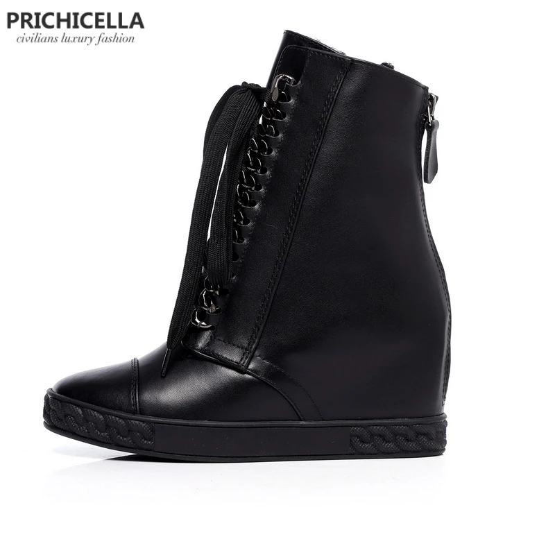 PRICHICELLA/Серебристые Ботильоны на танкетке со шнуровкой; зимние женские ботинки из натуральной кожи