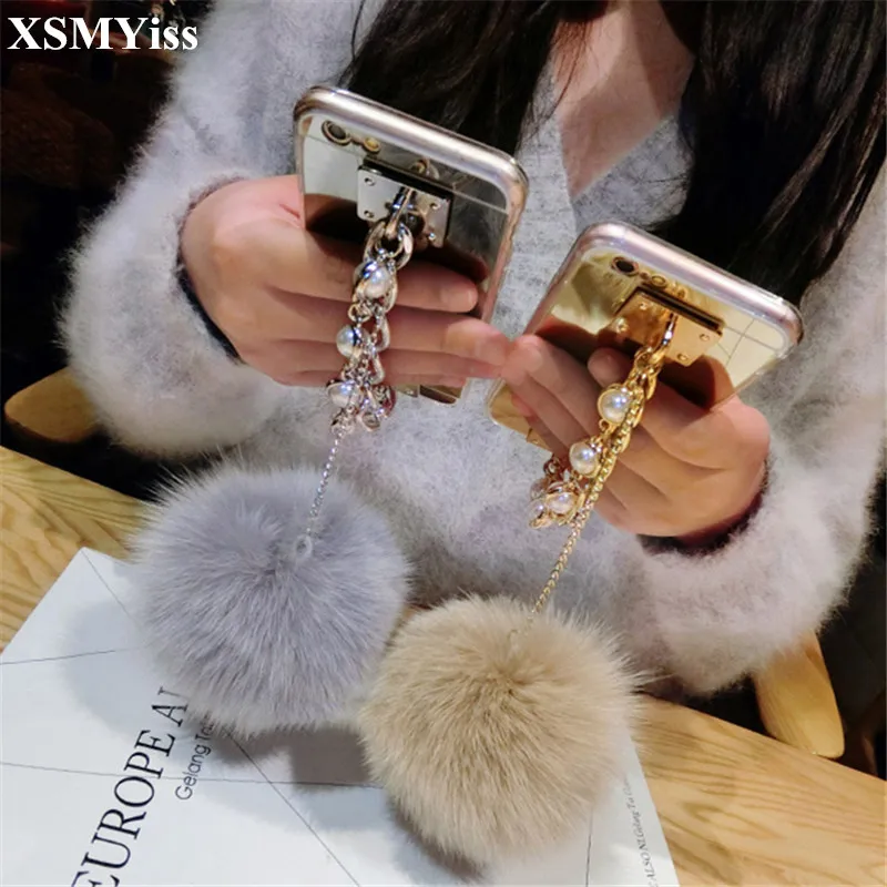 

For Samsung S6 S7 S8 S9 S10 S20 S21 PLUS S10E Note5 8 9 10 20 Luxury Cute Plush Fur ball Pearl Bracelet Flash Mirror Phone Case