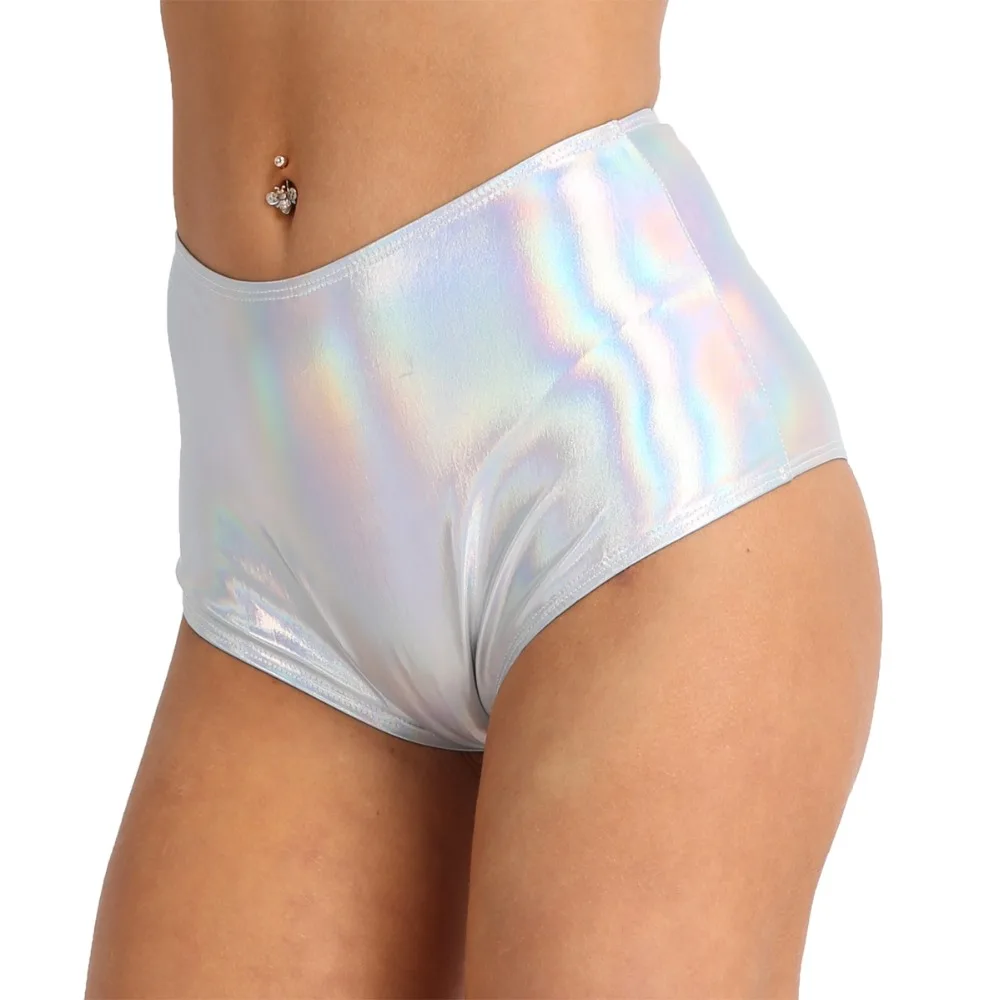 Женские кожаные блестящие шорты с завышенной талией и молнией на спине | Женская