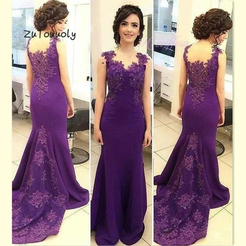 

Muslim Purple Prom Dresses Mermaid Dubai Evening Gowns With Appliques Lace Sleeveless Sweep Train Turkey Formal Party Dresses