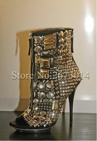 

Spring Autumn Nice Rhinestone Peep Toe Studded Ankle Boots Thin High Heels Booties Gladiator Crystal Women European Style Boots