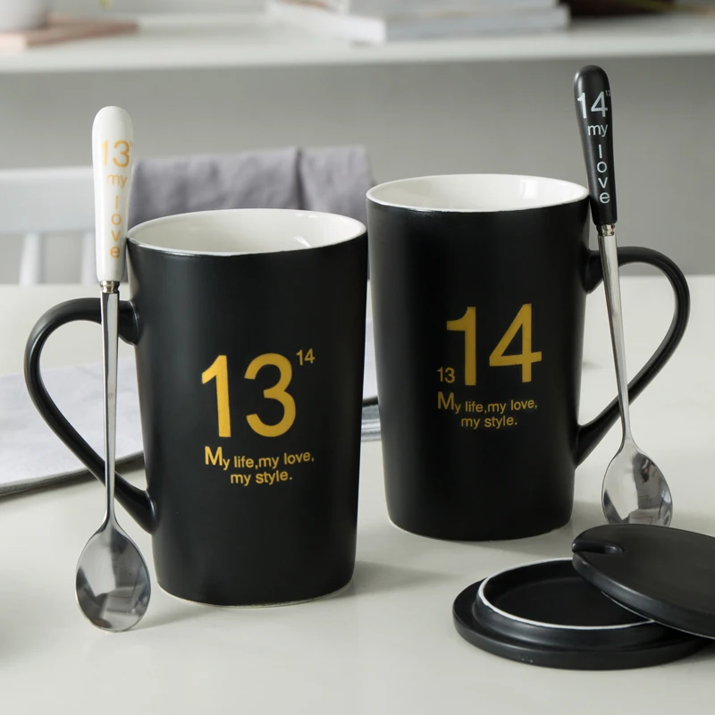 Креативная кружка 1314 для влюбленных, Пара керамических чашек большой емкости с крышкой и ложкой, индивидуальная Милая кружка, чашка для кофе и молока, бытовая 420 мл