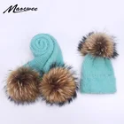 Зимняя шапка и шарф из кроличьего меха для женщин и девушек, женская зимняя вязаная шапка, повседневный однотонный помпон из натурального меха