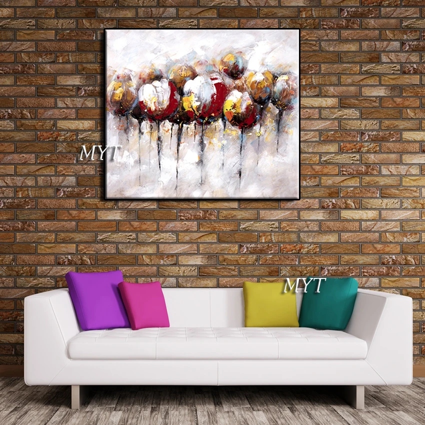 Flores abstractas pintadas a mano, pintura al &oacute;leo abstracta sobre lienzo, arte de pared, imagen colgante para sala de estar, decoraci&oacute;n del hogar sin marco-4