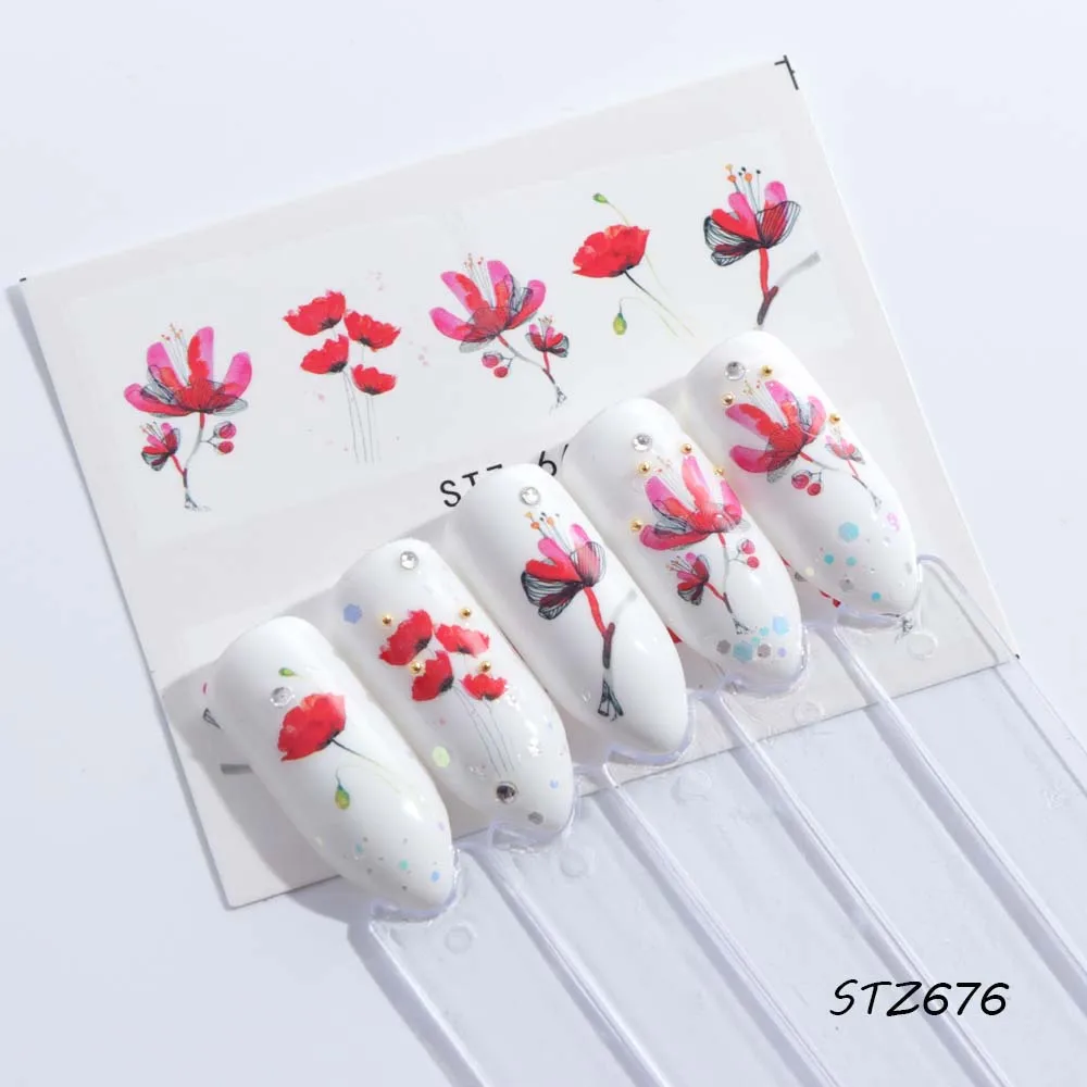 STZ666 1 PCS Charming Watermark Nail Art Stickers Colorful Floral Pattern Nail Slider Holographic Stickers For Nail Decors LASTZ665-668 - Цвет: STZ666