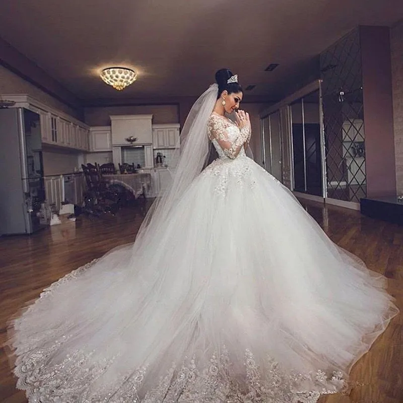 same as pic Robe de mariee/белое платье с длинными рукавами; элегантные платья; Hochzeitskleid Vestido de noche; пышные платья из тюля с аппликацией - Цвет: same as pic