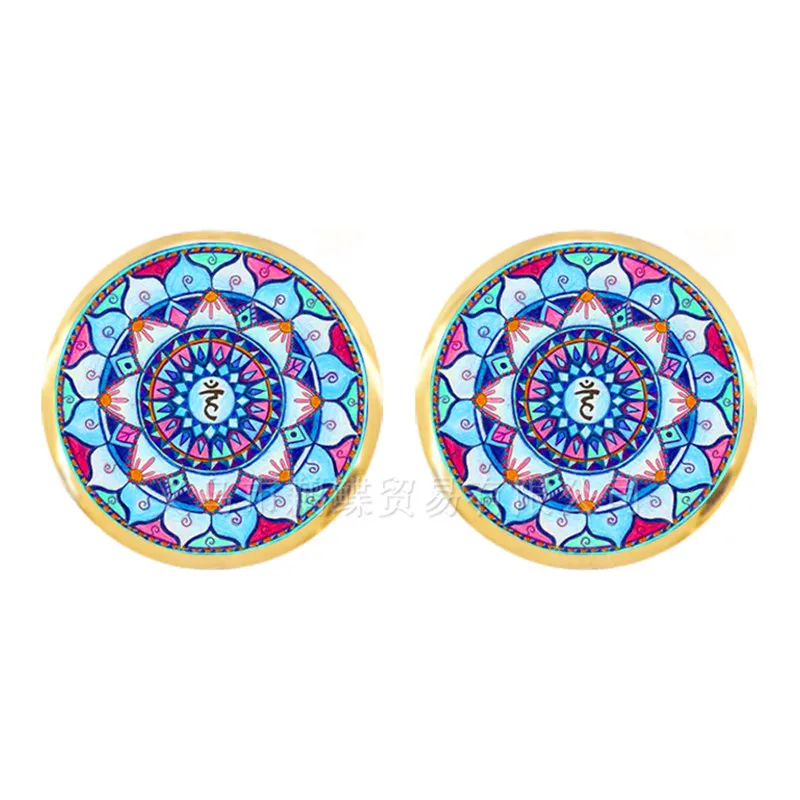 Mandala Art Yoga Earrings Gift For Friend Stud Bohemian Jewellery Ethno Indie Glass Dome Jewelry Datura | Украшения и аксессуары