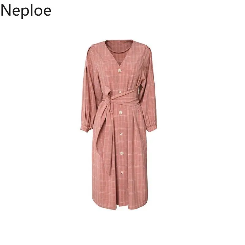 Neploe клетчатое женское платье осень 2019 корейский v-образный вырез длинный рукав