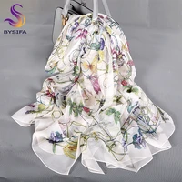 bysifa white 100 silk scarf cape fashion floral design long scarves women summer utralong beach shawl winter scarves180110cm