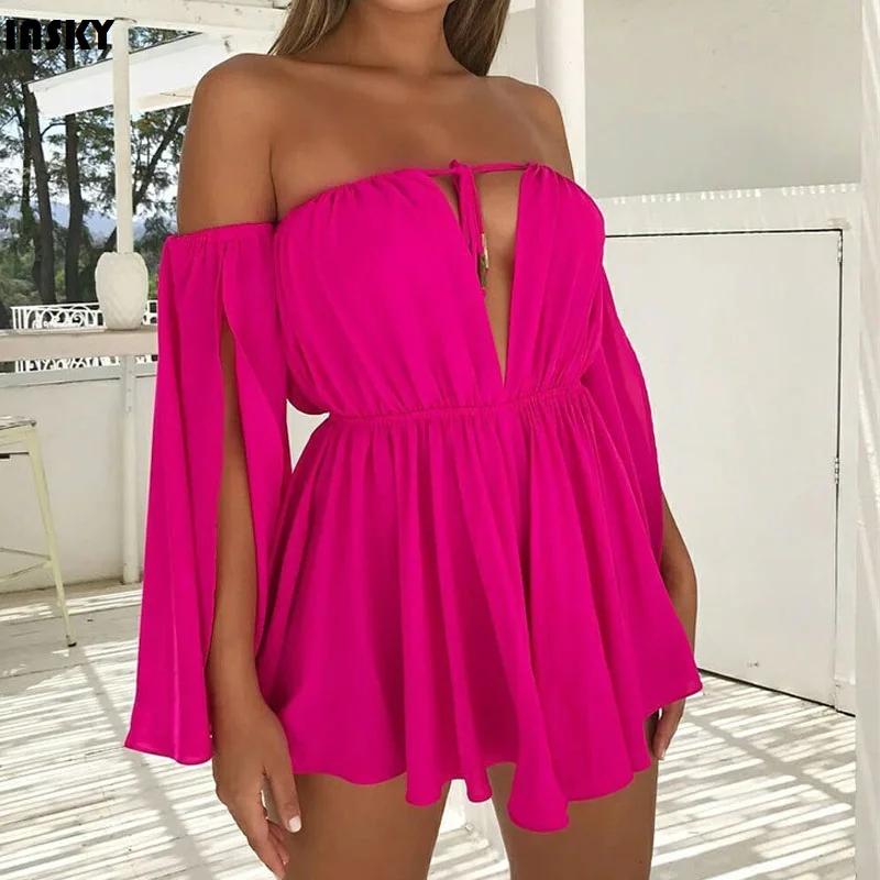 

IASKY Rose Boat Neck off shoulder chiffon bikini cover ups sexy women sleeve Kaftan Beach Tunic Dress De Plage Pareo Cover Up
