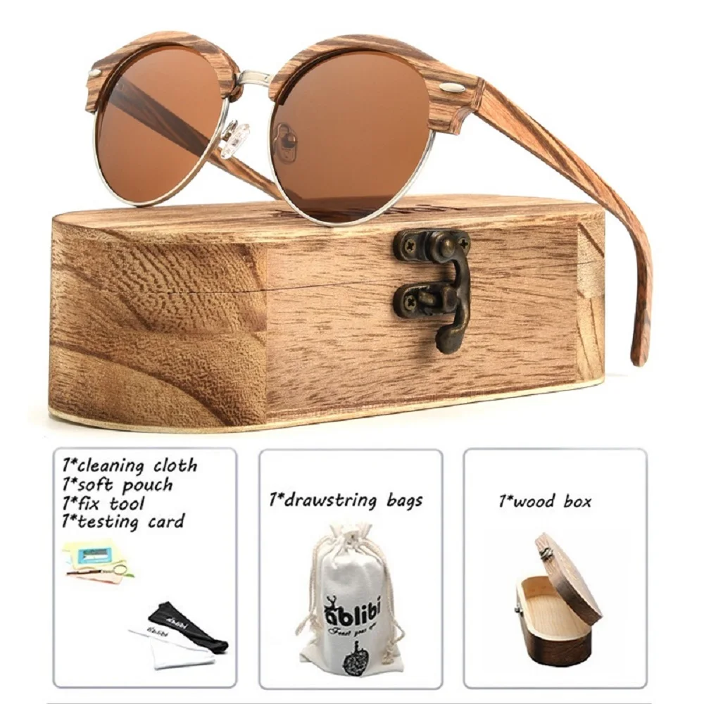 

Sunglasses Women,Zebra Wood Sunglasses UV400 Polarized Round Semi Rimless Wooden Sunglasses gafas de sol mujer with Gift Box