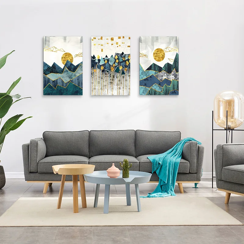 Абстрактный пейзаж без рамки Картина на холсте современный золотой 3 шт.