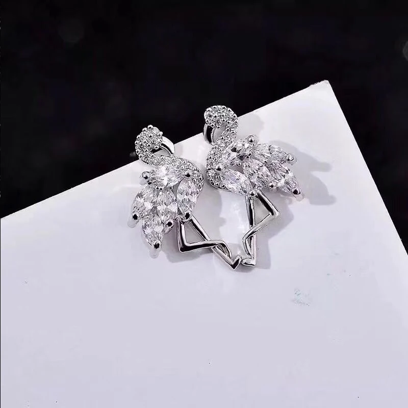 Серебряный CZ Циркон Серьга Фламинго милый красный коронованный кран серьги-гвоздики с животными для женщин девушка мода ювелирные изделия