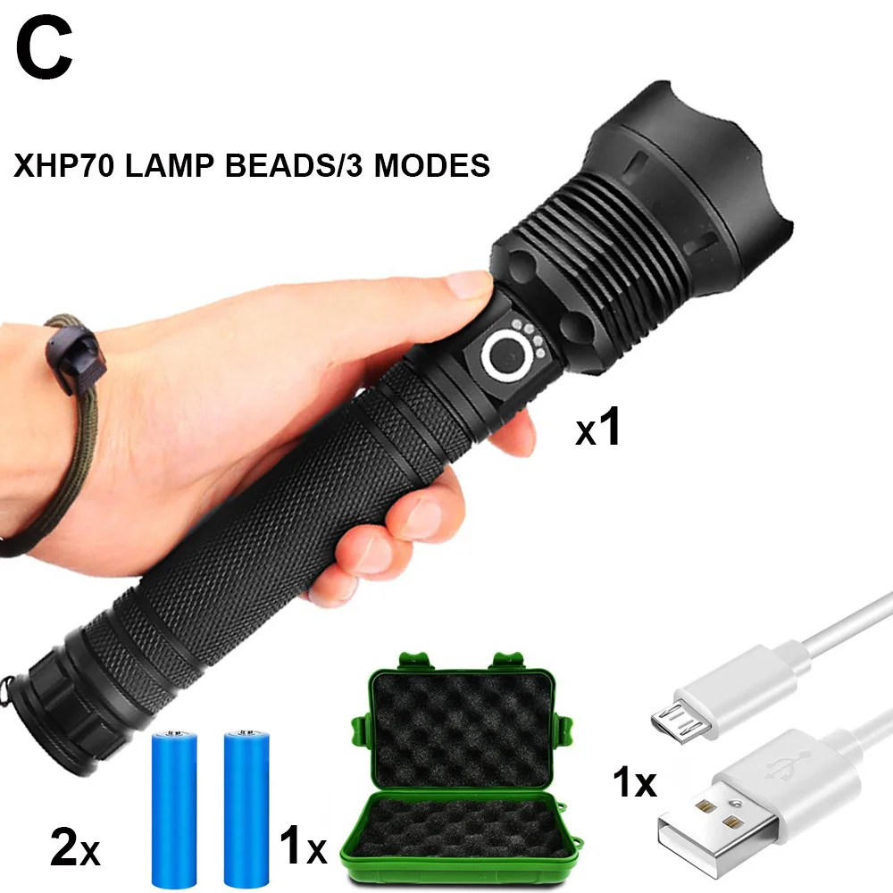 ZK20 светодиодный тактический светильник XHP70 с подзарядкой от USB 18650 Водонепроницаемый масштабируемый фонарь с 3 режимами, светильник для кемпинга - Испускаемый цвет: 2 Batteries 1 Box