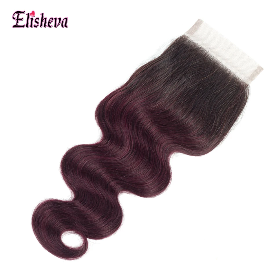 Elisheva 1B/99J разноцветные шиньоны с закрытием Бразильский бодиволн Закрытие с пучками бордовый Омбре волос 3 Связки предложения не Реми