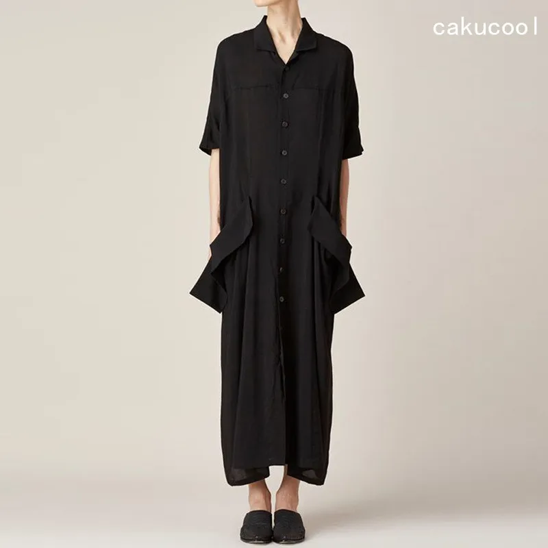 Cakucool/Черное длинное платье с коротким рукавом блузка свободное Повседневное в