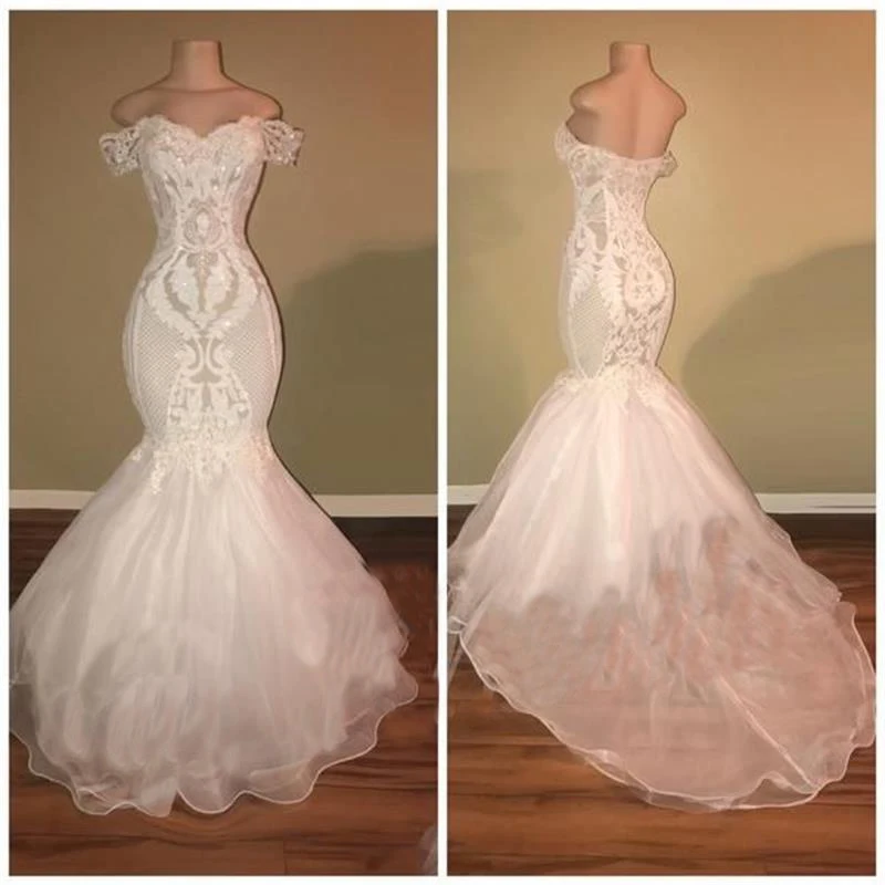 Свадебное платье русалки с открытыми плечами новинка 2019 кружевное аппликацией в