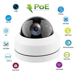 5 мегапиксельная мини купольная IP PTZ камера видеонаблюдения POE с кратным