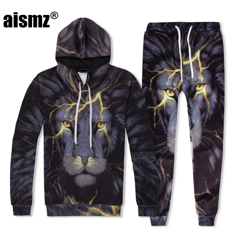 

Aismz 2 Piece Set Men Women 3D Tracksuits Print Animal Lightning Lion Fashion Hip Hop Hoodies Hooded+Pants Sweatshirt New Arrive