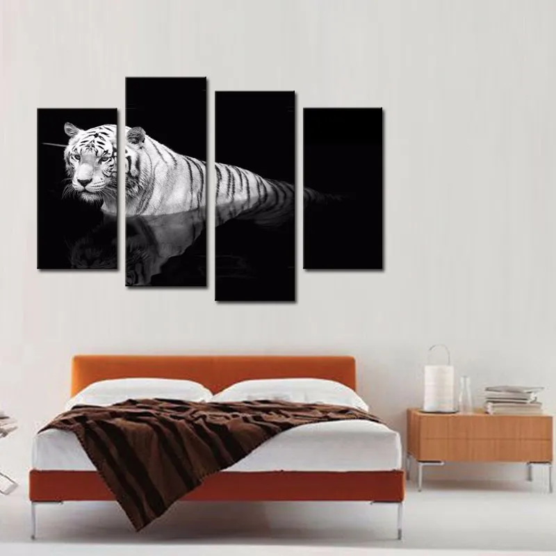 4 шт. черно-белая Настенная картина с изображением тигра на холсте животными для