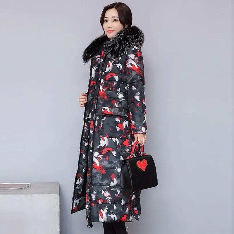 Winter Jacket Women Camouflage Maxi Coats Hooded Over Knee Long Parka Chaqueta Mujer Fur Collar Coat C3741 | Женская одежда