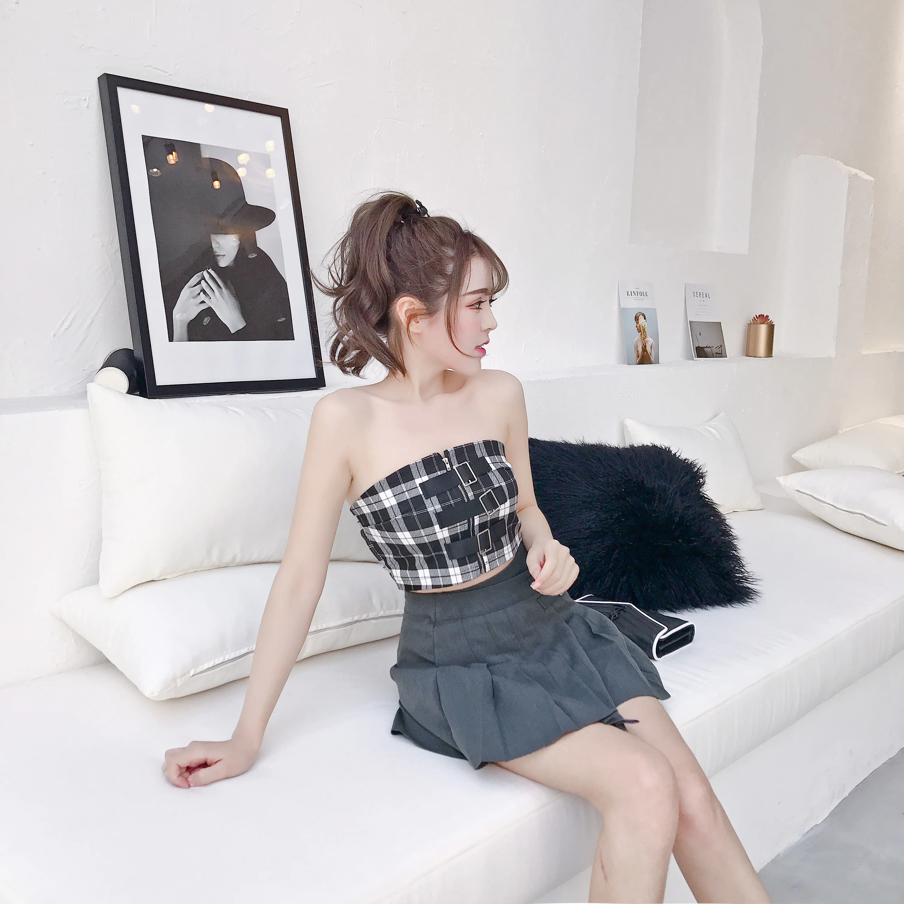 Princess sweet lolita tube top Vintage Personality Zipper Short sexy shoulder and belly exposed Plaid women XH132 Женская одежда