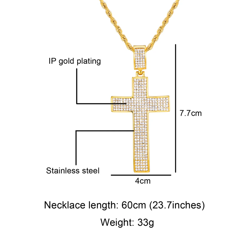 Золото Цвет Большой Bling Iced Out CZ Кристалл крест ожерелья для мужчин 316L нержавеющая