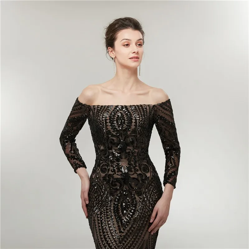 Vivian's Bridal 2018 Черное Вечернее Платье макси с вырезом лодочкой пикантный узор