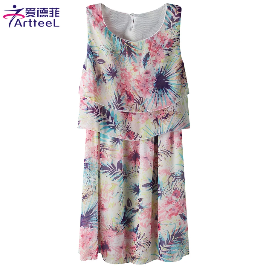 Лето 2017 г. платье Для женщин Повседневное сарафан печати оборками из шифона