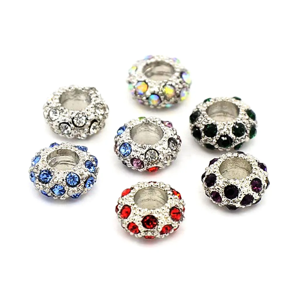 

Alloy Rhinestone European Style Beads, Rondelle, Mixed Color, Size: about 11mm in diameter, 6mm thick
