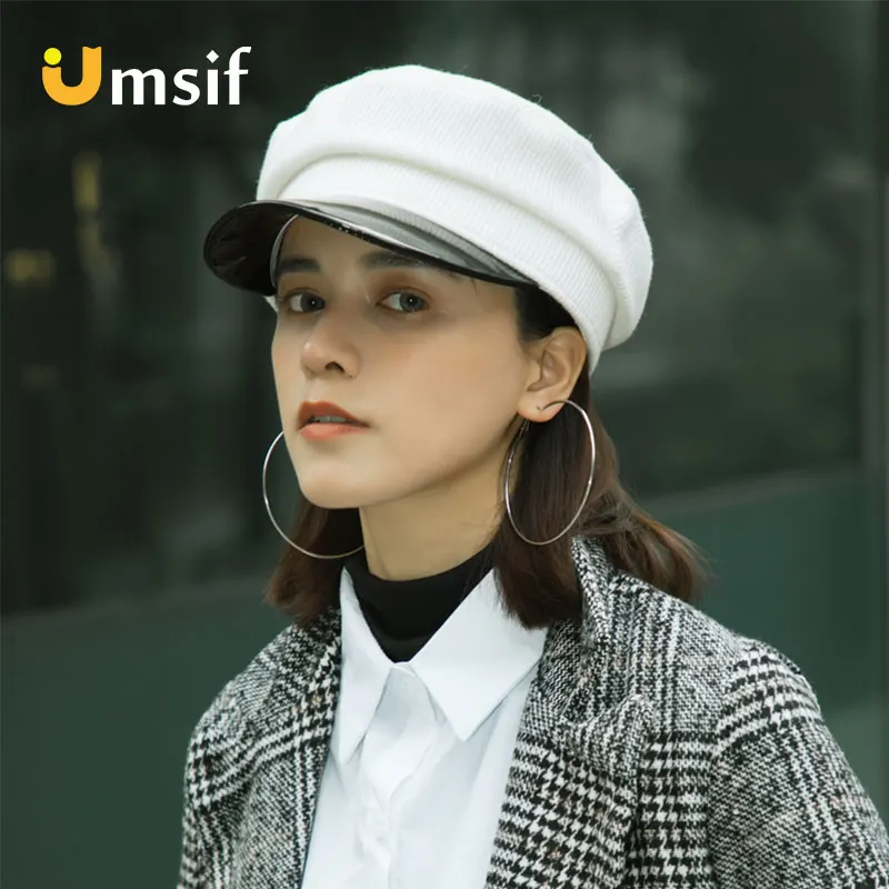 Women's Solid Color Classic French Style Wool Knitted Beret Beanies Hat Women Leather Newsboy Hats Vintage Wide Brim Berets Caps |