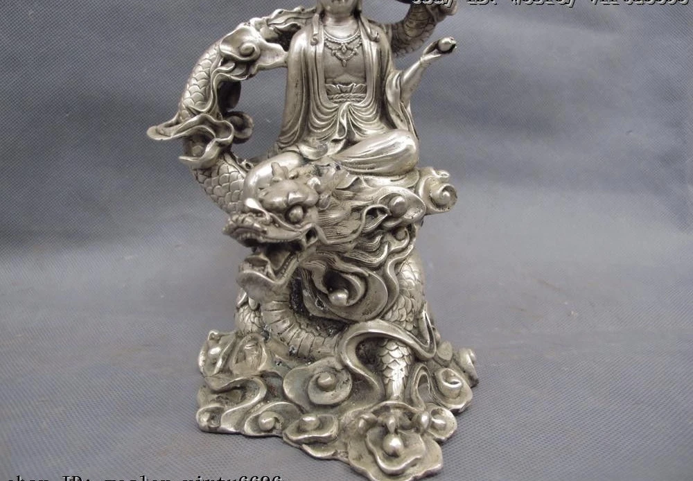 Chinese Buddhism White Copper Silver Ride Dragon Guan Yin Kwan-yin Boddhisattva | Дом и сад