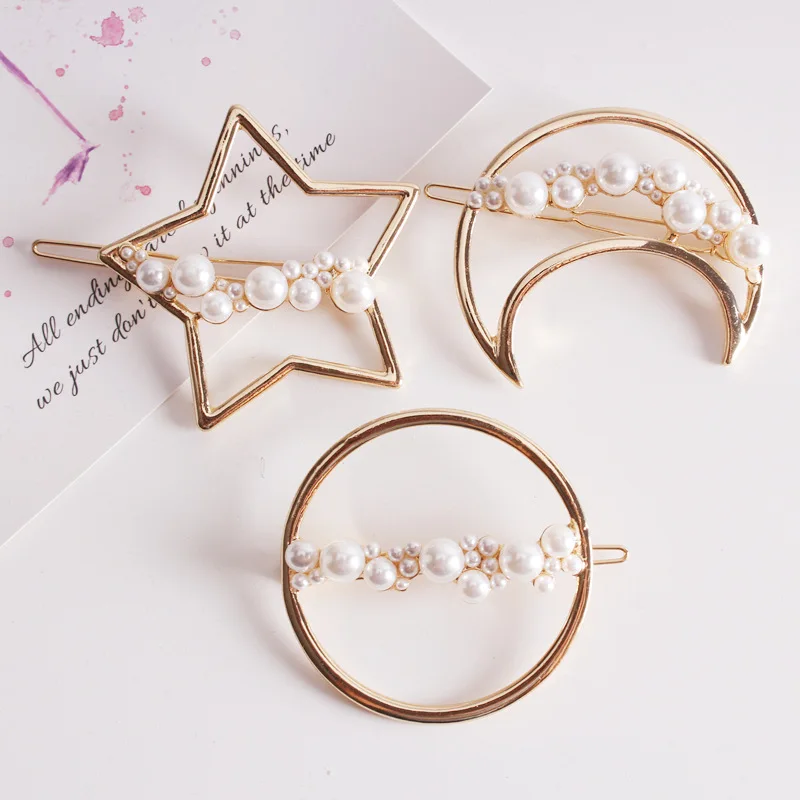 

1Pc Cute Imitiation Pearl Star Moon Shape Hairpins Metal Gold Color Hair Clips Hair Accessories for Women Girls