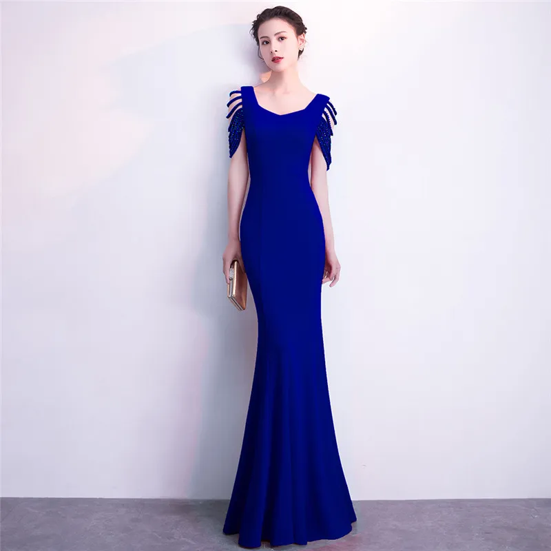 

Blue Beading Hollow Out Short Sleeves Mermaid Slim Long Formal Dress Women Elegant Sexy Club Dresses 2018 New Arrival Party Wear