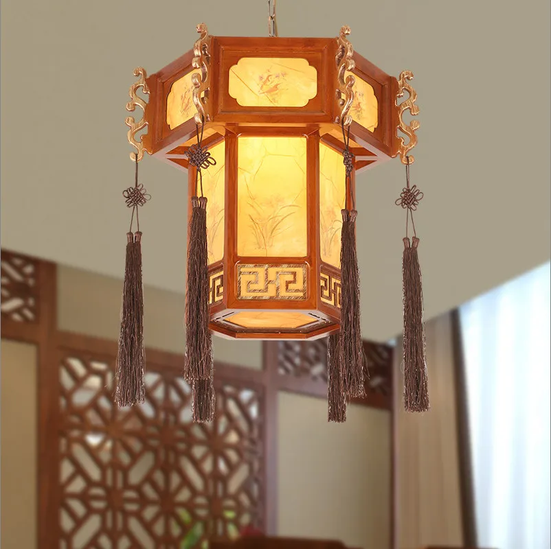 

New Chinese style coffee carved wood art Pendant Lights Vintage flower bird E27 LED lamp for bar&corridor&porch&stairs MYR006