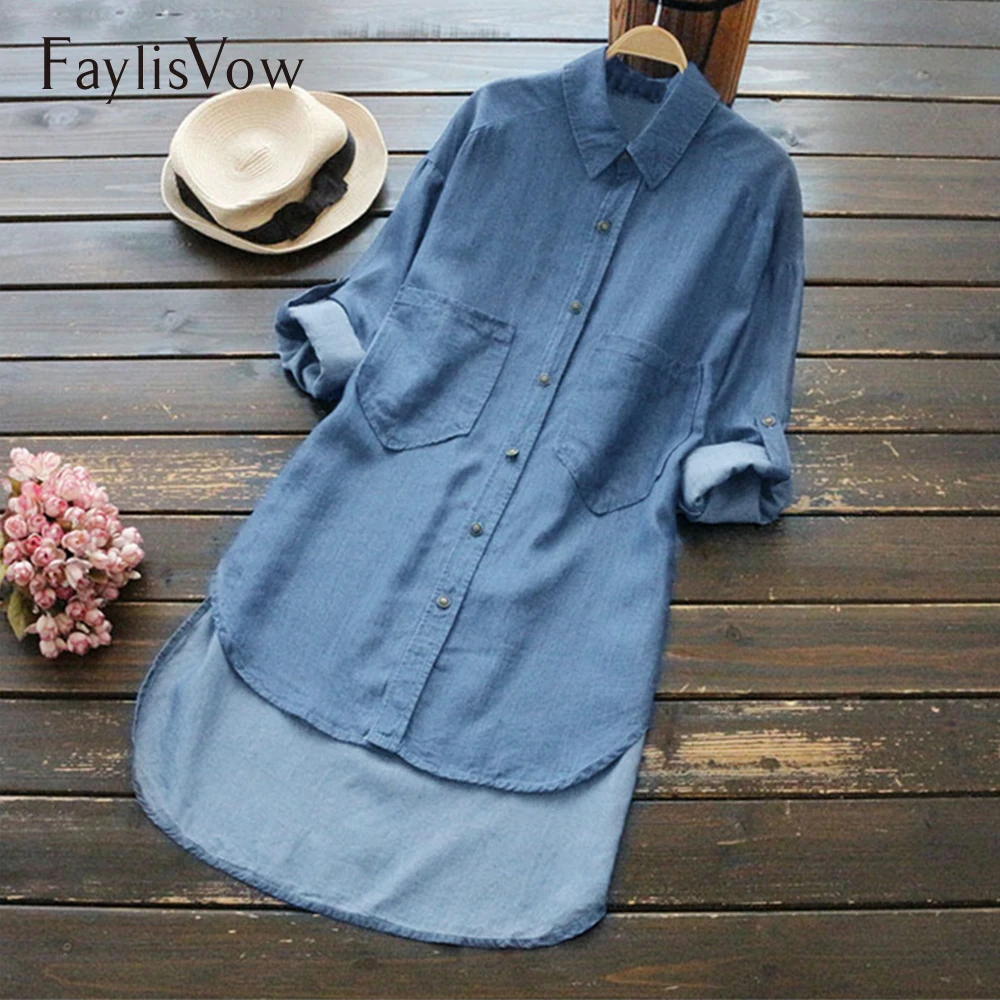 Женская джинсовая рубашка Faylisvow хлопковая синяя Осенняя с длинным рукавом и