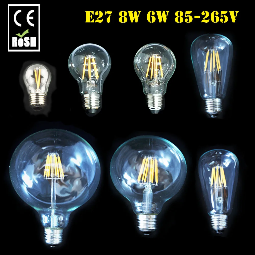 Новый E27 ST64 G125 G95 A60 2 Вт 6 8 теплый белый светодиодный Винтаж ретро лампы
