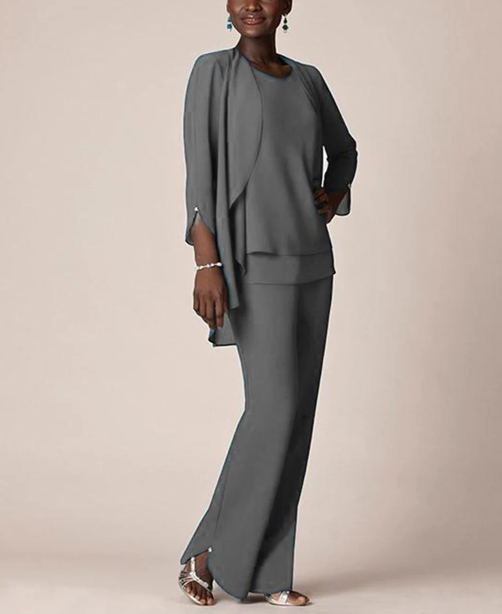 

Women's 3 pieces Elegant Ruffles Chiffon Mother of The Bride Dress pants suit 3/4 Sleeves with jacket outfit for wedding groom