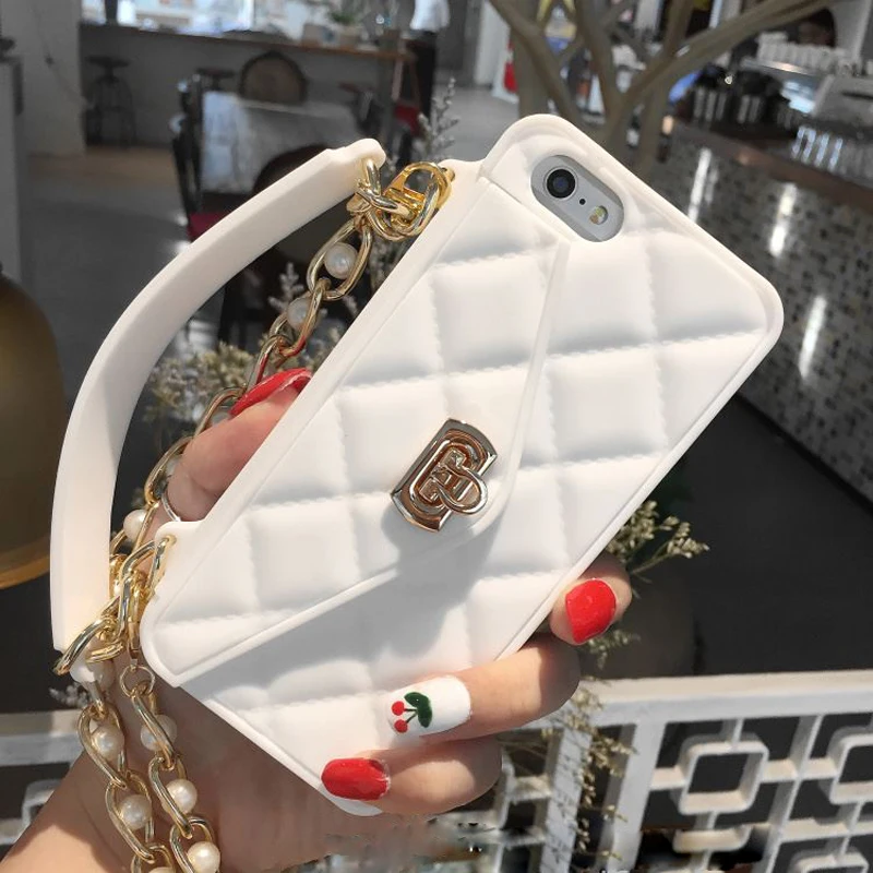 Чехол для iPhone XS MAX XR x 7 8 Plus, Роскошный кошелек, Женская сумочка, силиконовый чехол для iPhone 6 6s plus с жемчужной цепочкой