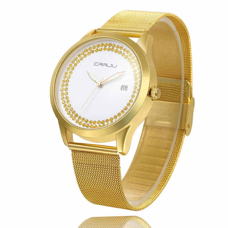 Модный дизайн CRRJU Роскошные брендовые золотые часы женские повседневные