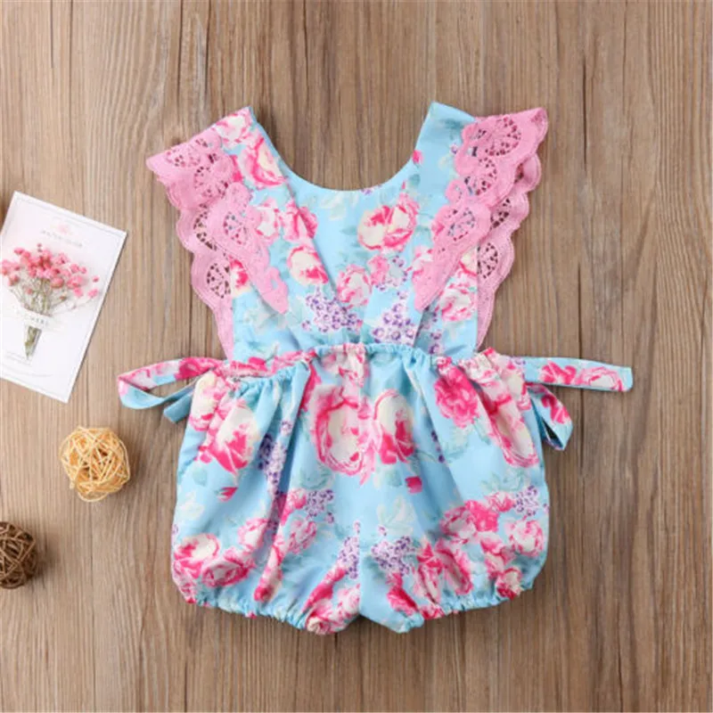 Girls Lace Newborn Baby Floral Bodysuit Summer Sleeveless Girl Clothing Bow Round Neck Backless Jumpsuit Sunsuit Outfits Pretty | Детская